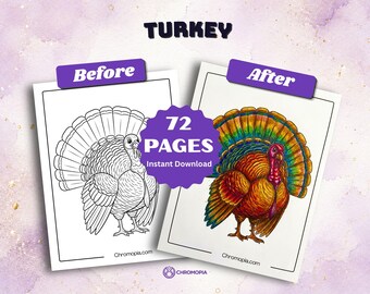 Turkey Coloring Pages Printable PDF | Thanksgiving Turkey Coloring Book Kids Adults | Funny Turkey Coloring Sheets PDF