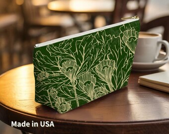Grüne Blumen-Zipper-Pouch, botanische Make-up-Tasche, Reisekosmetiktasche