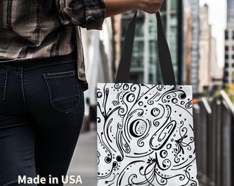 Black and White swirls Tote Bag, Minimalist all over print Shoulder Book Bag