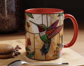 Stained Glass Hummingbird Coffee Mug | Floral Accent, Nature Lover Gift