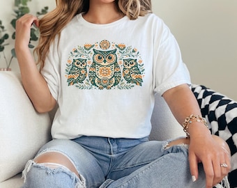 Folk Art Owl T-Shirt, Comfort Colors, Boho Cottagecore Tee