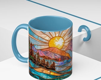 Stained Glass Sunrise Ceramic Mug – Colorful Mountain Art Coffee Cup