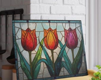 Planche à découper tulipe en verre trempé, décoration de cuisine style vitrail