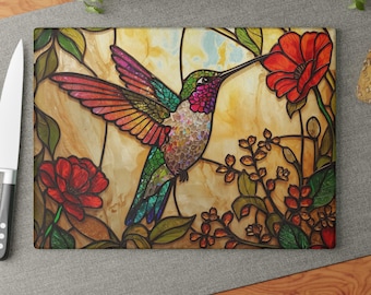 Planche à découper en verre Colibri, décoration florale de cuisine en vitrail