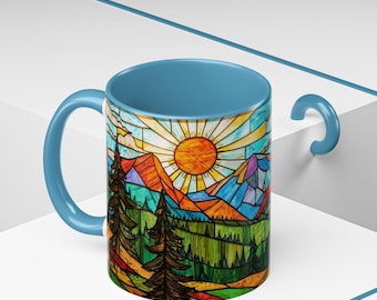 Stained Glass Mountain Sunrise Mug – Colorful Nature Art Coffee Cup