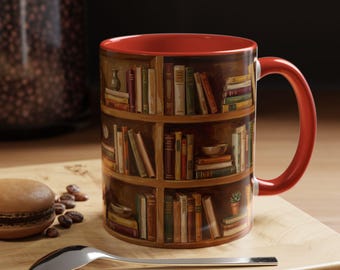 Vintage Bookshelf Mug | Cozy Library Art, Book Lover Gift