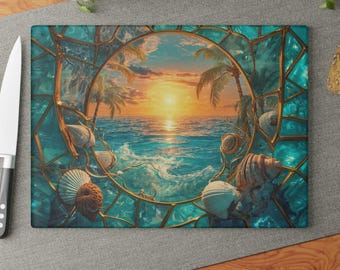 Ocean Sunset Tempered Glass Cutting Board, Stained Glass Coastal Decor