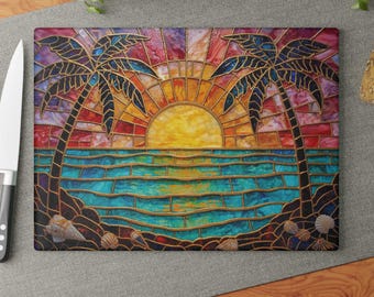 Tropical Sunset Tempered Glass Cutting Board, Stained Glass Style