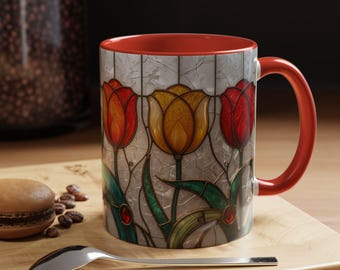 Tazza con tulipano in vetro colorato / Tazza da caffè floreale, Arte del giardino primaverile