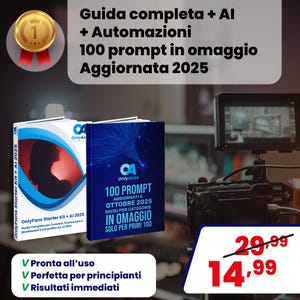 May include: Two books with the text "OnlyFans Starter Kit + AI 2025" and "100 PROMPT" are displayed. The books are blue and white. The image also includes text that says "Guida completa + AI + Automazioni 100 prompt in omaggio Aggiornata 2025".