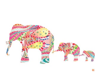 Elephant mother and two baby elephants in tropical pink- nursery for boys, nursery for girls, print