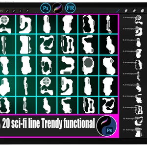 May include: A digital art design on a tablet screen. The design features 20 white sci-fi line art elements arranged in a grid against a teal background. The text "20 sci-fi line Trendy functional" is displayed at the bottom.