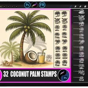 May include: Digital illustration featuring a coconut palm, a halved coconut, and a glass of juice. The image also includes 32 coconut palm stamps. The text reads "32 COCONUT PALM STAMPS".