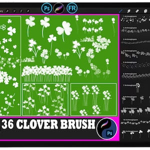 May include: A digital art display featuring 36 clover brushes. The image showcases various white clover designs on a green background, with a black border and the text "36 CLOVER BRUSH".