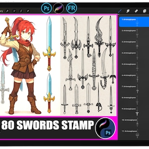 Può includere: Illustrazione digitale su schermo di tablet raffigurante una collezione di spade e un personaggio che tiene una spada. L'immagine include il testo "80 SWORDS STAMP" e i loghi "Ps" e "FR".