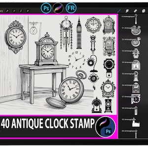 May include: Black and white illustration of 40 antique clock stamps. The image includes a wall clock, a table clock, a pocket watch, and various other clock designs. The text "40 ANTIQUE CLOCK STAMP" is displayed at the bottom.