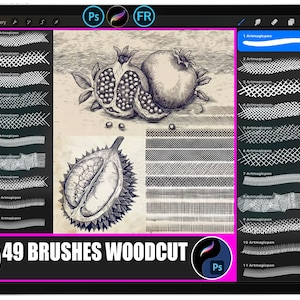 May include: A digital tablet displays a woodcut-style illustration of pomegranates and a durian fruit. The screen shows a selection of 49 brushes, with the text "49 BRUSHES WOODCUT" in a pink and black banner. The tablet also shows the icons "Ps" and "FR".