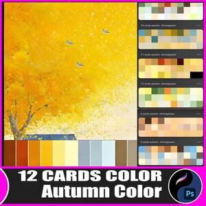 May include: A digital art piece featuring a vibrant autumn scene with a large yellow tree and small flying objects. The image includes a color palette and text that reads "12 CARDS COLOR Autumn Color". A "Ps" logo is also present.