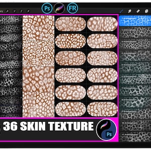 May include: A digital art tablet displays a collection of 36 skin texture patterns. The patterns include various animal prints in shades of brown, black, and white. The text "36 SKIN TEXTURE" is prominently displayed at the bottom of the screen.