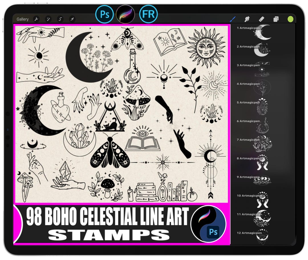 Boho Celestial Line Art Stamps | Procreate Photoshop Brushes (digital ...