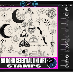 May include: A digital art display showing 98 Boho Celestial Line Art Stamps. The stamps include crescent moons, suns, hands, moths, crystals, mushrooms, and open books. The text "98 BOHO CELESTIAL LINE ART STAMPS" is displayed at the bottom.