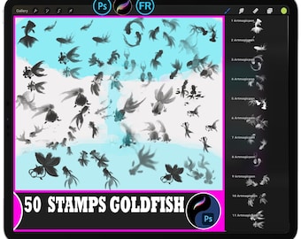 Puede incluir: Ilustración de arte digital en una pantalla de tableta con 50 sellos de peces dorados en varias poses y estilos. Los peces dorados son en tonos grises y negros, sobre un fondo azul claro. El texto "50 STAMPS GOLDFISH" se muestra en blanco sobre un fondo rosa.