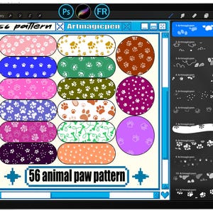 May include: Digital art display showing 56 animal paw patterns in various colours and designs. The patterns are displayed on oval and circular shapes. The text "56 animal paw pattern" is displayed at the bottom of the image.