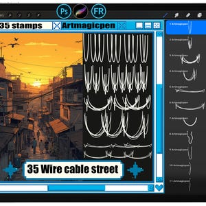 May include: A digital art program interface on a tablet displays a street scene at sunset, with the text "35 stamps" and "Artmagicpen." The interface shows various brush stroke styles and the text "35 Wire cable street."
