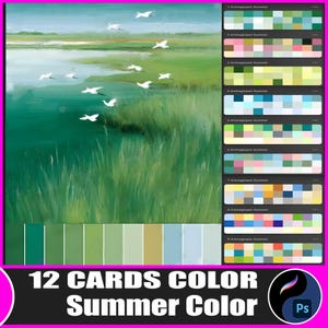 May include: An abstract landscape painting with white birds flying over a green marsh. The painting has a palette of greens, blues, and yellows. The text "12 CARDS COLOR Summer Color" is at the bottom.