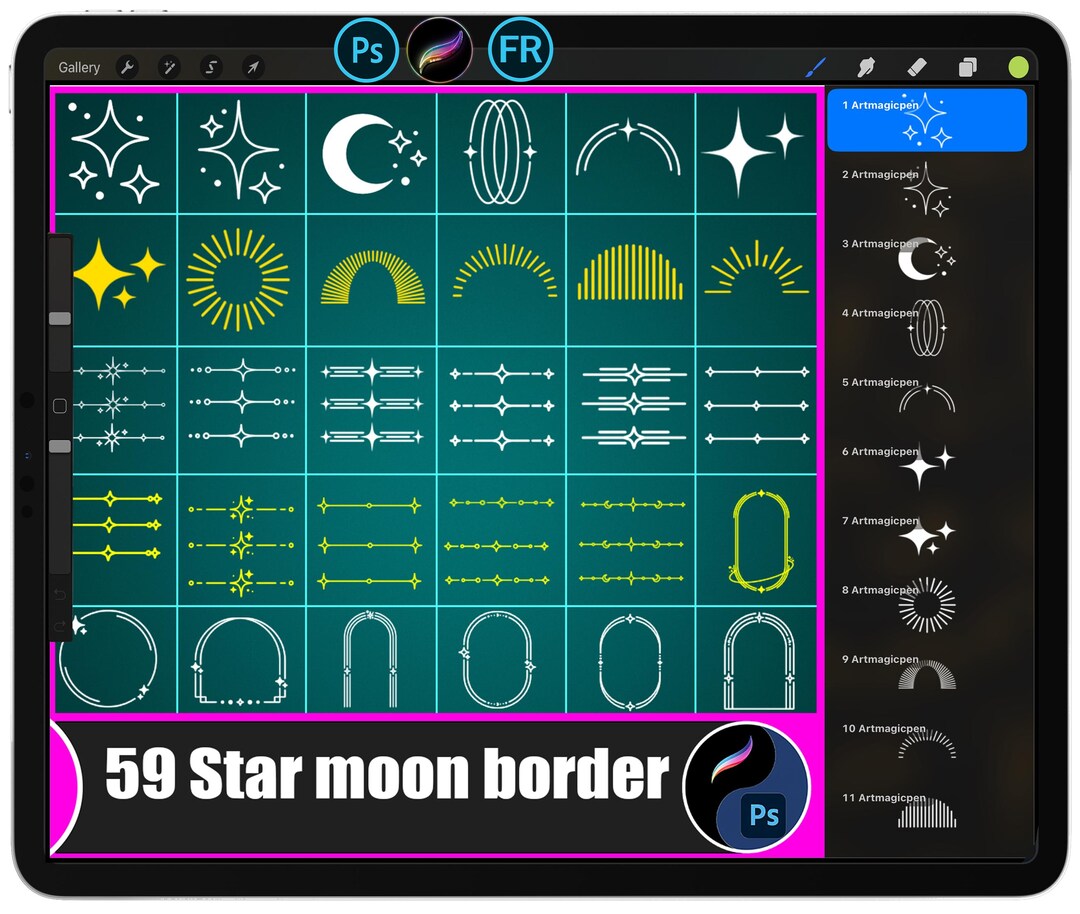 Star Moon Border Stamps for Procreate and Photoshop | Celestial Frame ...