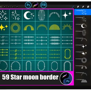 May include: A digital art design displayed on a tablet screen. The design features a grid of various star, moon, and border elements in white and yellow against a teal background. The text "59 Star moon border" is visible at the bottom.