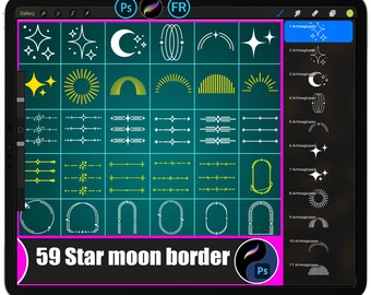 May include: A digital art design displayed on a tablet screen. The design features a grid of various star, moon, and border elements in white and yellow against a teal background. The text "59 Star moon border" is visible at the bottom.