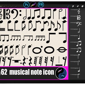 May include: A digital illustration of a tablet screen displaying a collection of 62 musical note icons in black. The notes include treble clefs, bass clefs, whole notes, half notes, and various other musical symbols. The text "62 musical note icon" is visible.