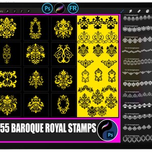Puede incluir: Una exhibición de arte digital con 55 sellos reales barrocos en oro y negro. Los sellos muestran diseños florales y de volutas ornamentados, con un fondo amarillo vibrante. El texto "55 Baroque Royal Stamps" se muestra de forma destacada.