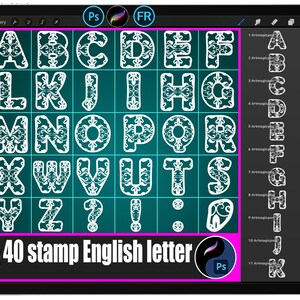 May include: A digital tablet screen displays a grid of white, ornate English alphabet letters and symbols against a teal background. The text "40 stamp English letter" is at the bottom. The tablet also shows a list of design options.