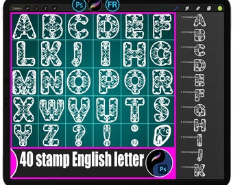 English Letter Stamp Brushes for Procreate & Photoshop | Ornamental Decorative Alphabet Fonts | Vintage Floral Initial Illustration Assets