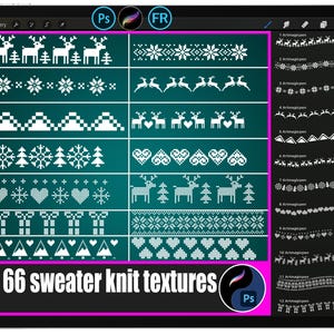 May include: A digital tablet displays 66 sweater knit textures in white on a teal background. The designs include reindeer, snowflakes, hearts, and geometric patterns. The text "66 sweater knit textures" is visible.
