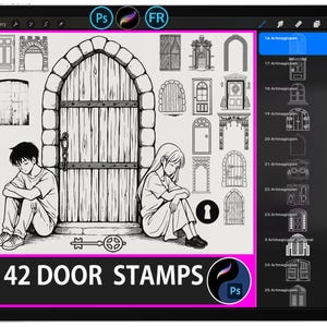 May include: Digital art set of 42 door stamps, featuring various door designs, a key, and two figures. The image is in black and white, with the text "42 DOOR STAMPS" in a pink box. The image is on a tablet.