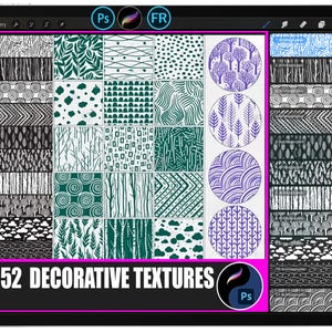 May include: A digital tablet displays a collection of 52 decorative textures. The textures are in various patterns, including leaves, trees, and geometric designs. The color palette includes shades of green, white, and purple. The text "52 Decorative Textures" is displayed at the bottom.