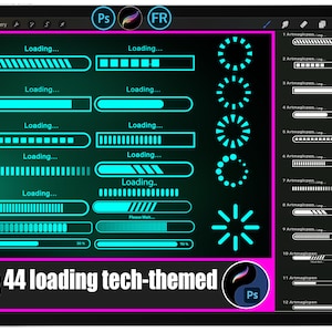 Puede incluir: Una tableta digital muestra 44 gráficos de carga con temática tecnológica en color turquesa. Los gráficos incluyen barras de progreso y animaciones de carga circulares. El texto "44 loading tech-themed" está en la parte inferior.