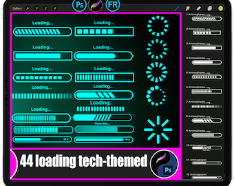May include: A digital tablet displays 44 tech-themed loading graphics in teal against a dark background. The graphics include progress bars and circular loading animations. The text "44 loading tech-themed" is at the bottom.