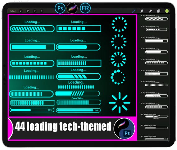 Loading Tech-Themed Stamps for Procreate & Photoshop | Digital Progress Bar Brushes | Futuristic Cyberpunk UI HUD Design Art Assets