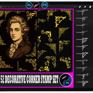 May include: Digital art set on a tablet screen, featuring a portrait and 52 gold decorative corner stamps on black. The text "52 Decorative Corner Stamp Set" is displayed. The image is designed for digital art.