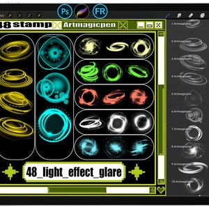 Könnte beinhalten: Eine digitale Kunstoberfläche zeigt 48 Lichteffekt-Stempel. Die Stempel zeigen leuchtende Kreise und Energieausbrüche in verschiedenen Farben, darunter Gelb, Türkis, Grün, Rot und Weiß. Der Text "48 stamp" und "48_light_effect_glare" sind sichtbar.