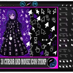 May include: Digital art illustration of a tablet screen displaying cursor and mouse icon stamps. The screen features a purple-themed design with a manga-style character and various cursor icons. Text reads "38 CURSOR AND MOUSE ICON STAMP".