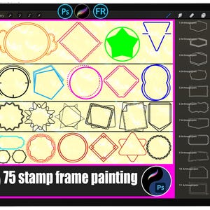 Könnte beinhalten: Ein digitales Kunstdisplay mit 75 Stempelfrahmendesigns in verschiedenen Formen und Farben, darunter Kreise, Quadrate und Sterne. Der Text "75 stamp frame painting" ist unten auf dem Bildschirm zu sehen.