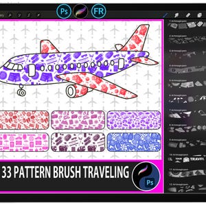 May include: A digital illustration of an airplane with a pattern of travel-related items in red and purple. Below the plane are several rectangular patterns with travel themes. The text "33 PATTERN BRUSH TRAVELING" is displayed.
