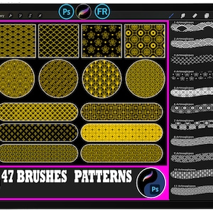 Pode incluir: Um tablet digital exibe 47 pincéis e padrões em dourado e preto. Os padrões incluem formas geométricas, desenhos florais e padrões de ondas. O tablet também mostra os ícones do Photoshop e Procreate.