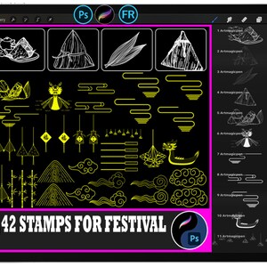 Könnte beinhalten: Ein digitaler Tablet-Bildschirm zeigt 42 Stempel zum Thema Festival in Weiß und Gelb auf schwarzem Hintergrund. Die Stempel umfassen Essen, Drachen und andere kulturelle Symbole. Der Text "42 STAMPS FOR FESTIVAL" befindet sich unten.