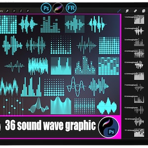Puede incluir: Una tableta digital muestra 36 gráficos de ondas de sonido en cian sobre un fondo oscuro. Los gráficos varían en estilo y patrón. El texto "36 sound wave graphic" está en la parte inferior. La interfaz de la tableta incluye iconos y una barra lateral.